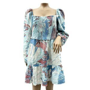 Wilfred Womens Tempest Smocked Floral Linen Mini Dress Floral Long Sleeve‎ XL